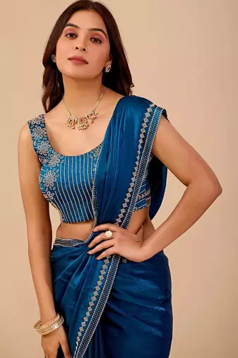 Blue embellished embroidered organza heavy work saree