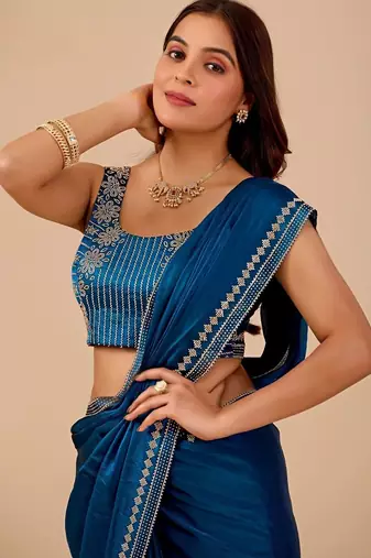 Blue embellished embroidered organza heavy work saree