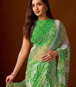 Green leheriya beads and stones  chiffon saree