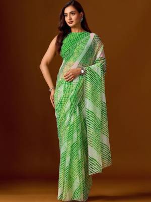 Green leheriya beads and stones  chiffon saree 2