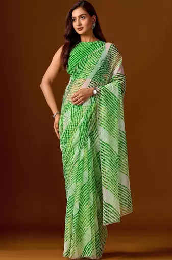 Green leheriya beads and stones  chiffon saree