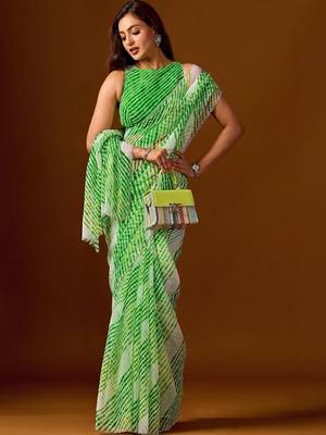 Green leheriya beads and stones  chiffon saree 3