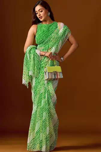 Green leheriya beads and stones  chiffon saree