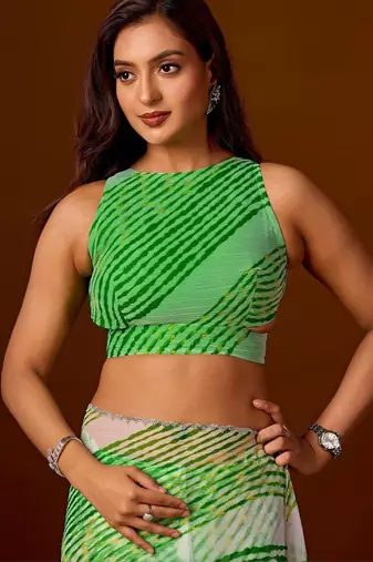 Green leheriya beads and stones  chiffon saree