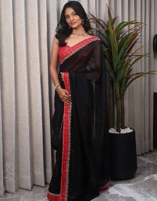 Black woven design sequinned satin saree 1