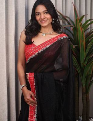 Black woven design sequinned satin saree 3