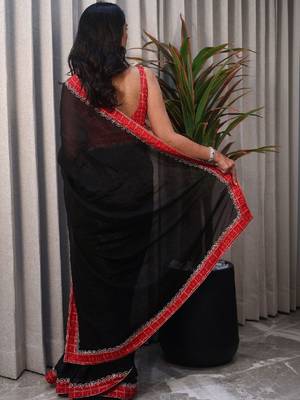 Black woven design sequinned satin saree 5
