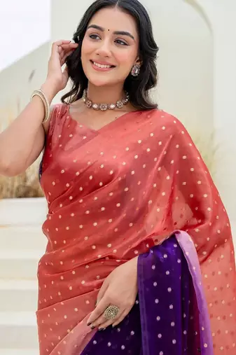 Multicolor polka dot zari jute silk saree