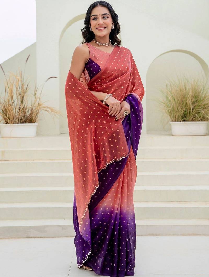 Multicolor polka dot zari jute silk saree