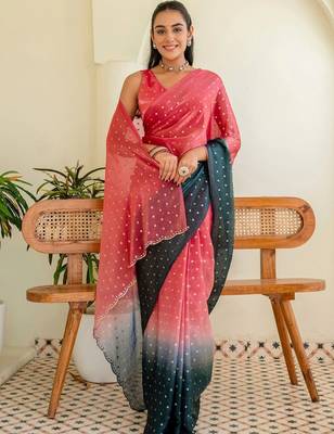 Pink polka dot zari jute silk saree 1