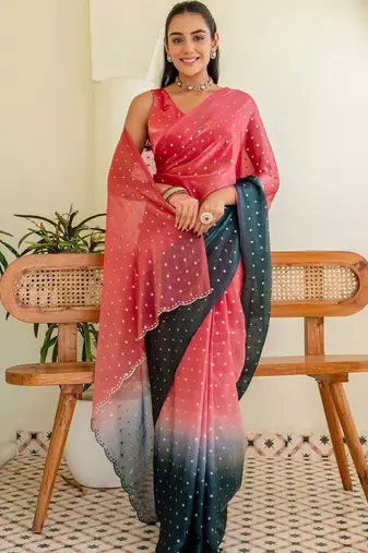 Pink polka dot zari jute silk saree