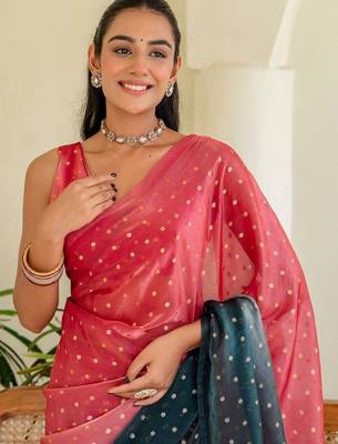 Pink polka dot zari jute silk saree 2