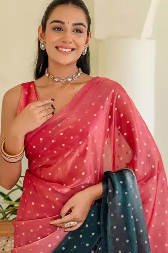 Pink polka dot zari jute silk saree
