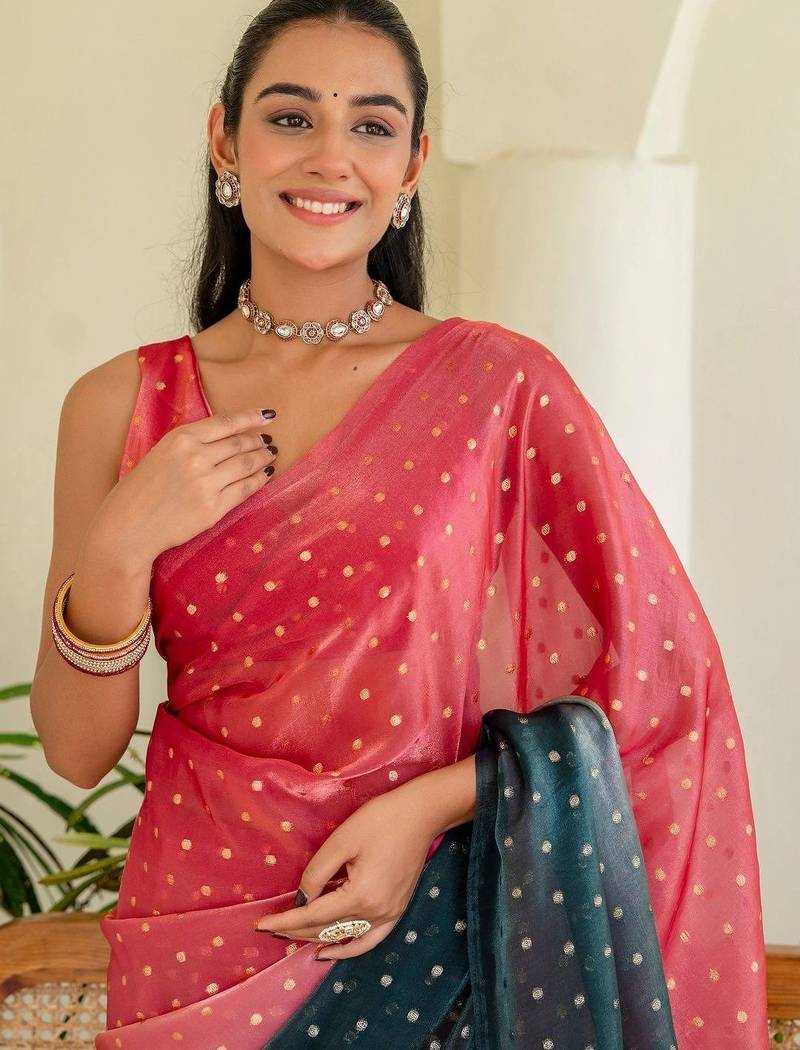 Pink polka dot zari jute silk saree