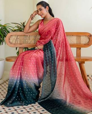 Pink polka dot zari jute silk saree 3