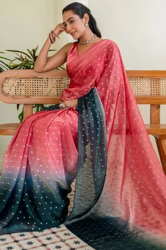 Pink polka dot zari jute silk saree
