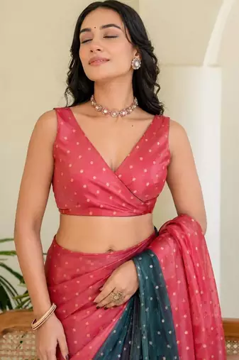 Pink polka dot zari jute silk saree