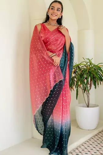 Pink polka dot zari jute silk saree
