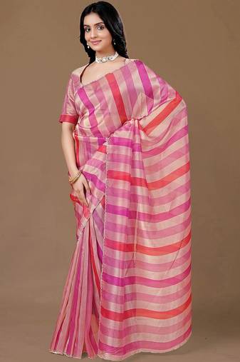 Pink striped beads and stones organza saree