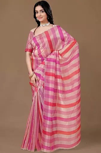 Pink striped beads and stones organza saree