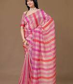Pink striped beads and stones organza saree