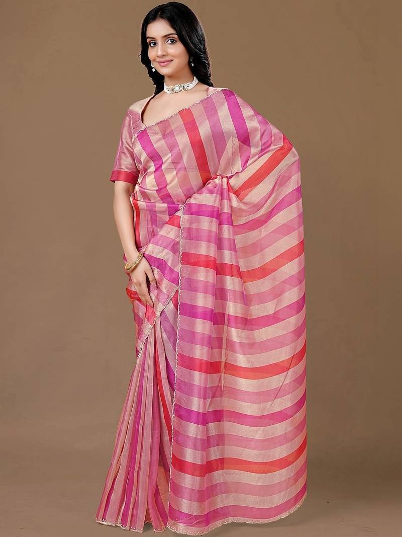 Pink striped beads and stones organza saree