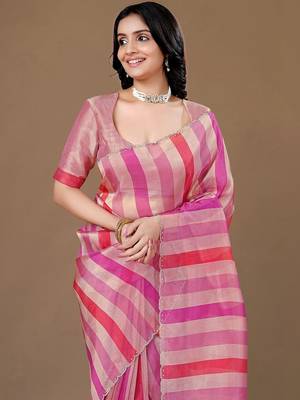 Pink striped beads and stones organza saree 2