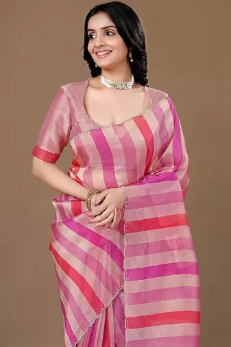 Pink striped beads and stones organza saree