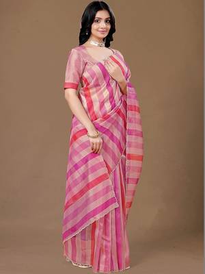 Pink striped beads and stones organza saree 3