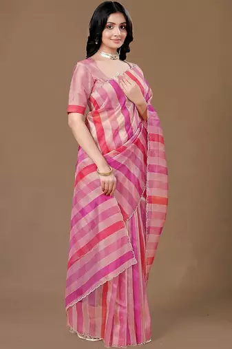 Pink striped beads and stones organza saree