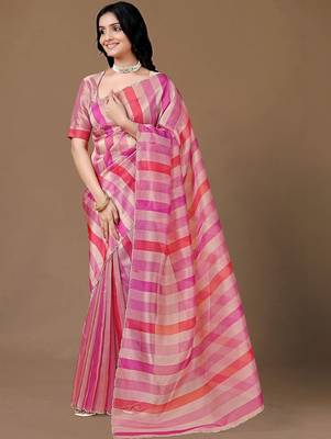 Pink striped beads and stones organza saree 4