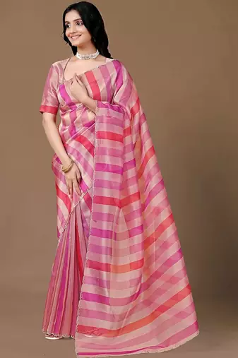 Pink striped beads and stones organza saree