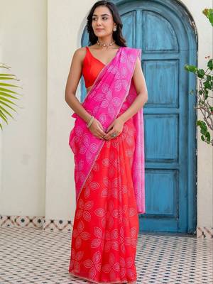 Red bandhani beads and stones jute cotton saree 1