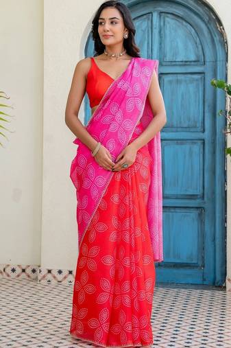 Red bandhani beads and stones jute cotton saree