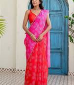 Red bandhani beads and stones jute cotton saree