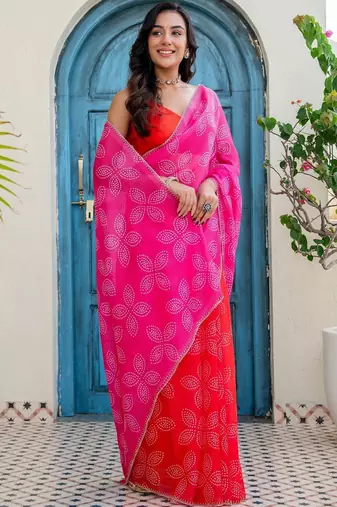 Red bandhani beads and stones jute cotton saree