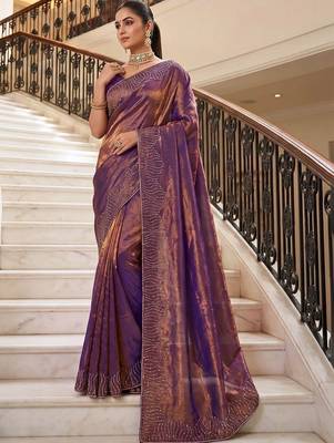 Purple beads and stones organza heavy work saree 1