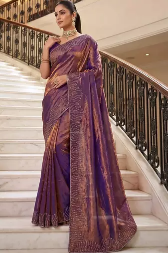 Purple beads and stones organza heavy work saree