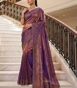 Purple beads and stones organza heavy work saree