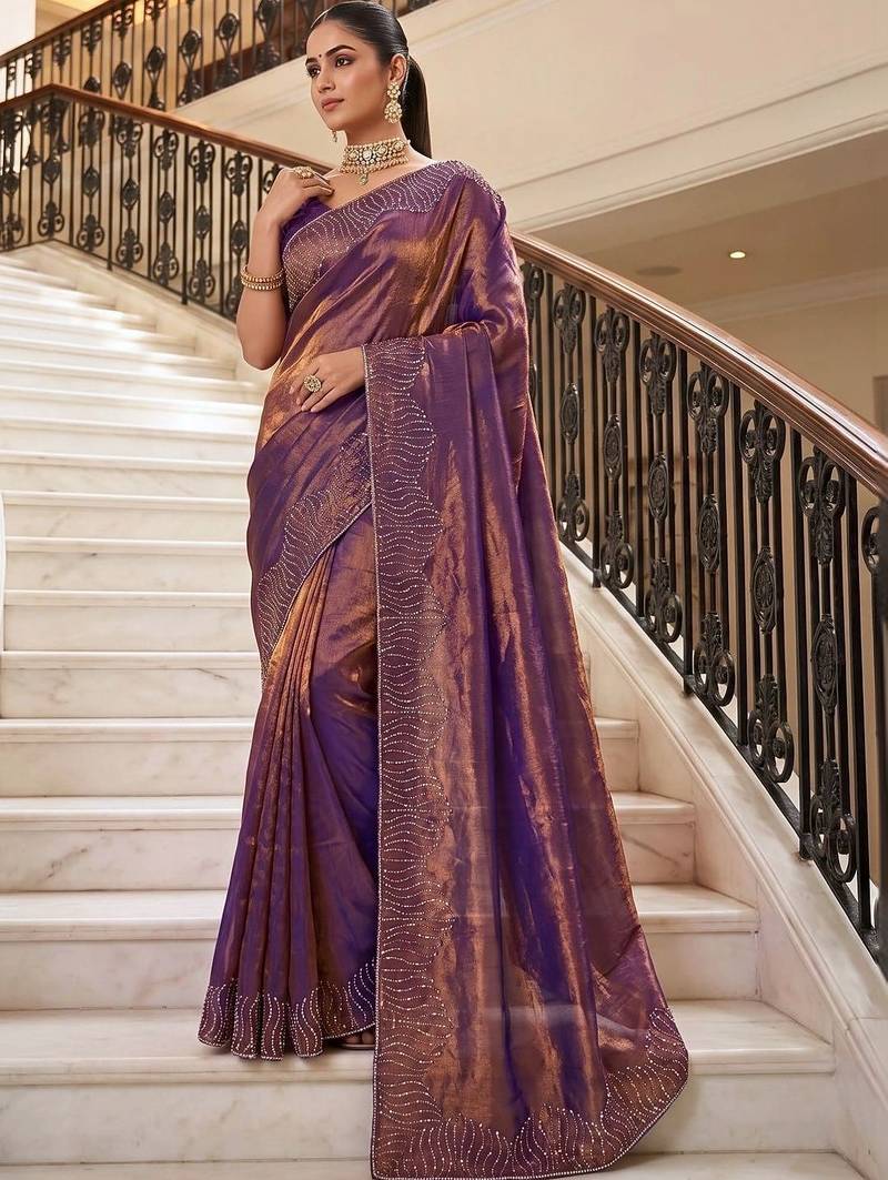Purple beads and stones organza heavy work saree
