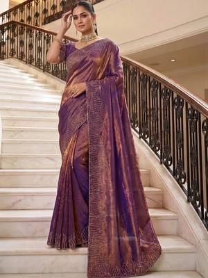 Purple beads and stones organza heavy work saree 2
