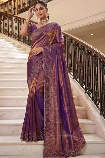 Purple beads and stones organza heavy work saree