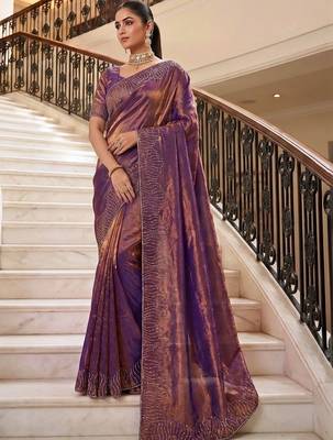 Purple beads and stones organza heavy work saree 3