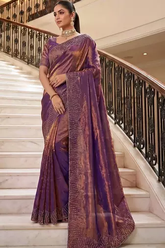Purple beads and stones organza heavy work saree