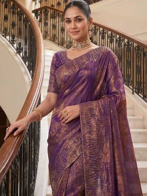 Purple beads and stones organza heavy work saree 4