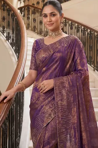 Purple beads and stones organza heavy work saree