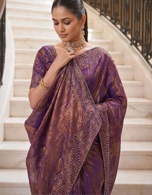 Purple beads and stones organza heavy work saree 5