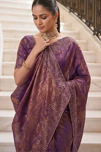 Purple beads and stones organza heavy work saree