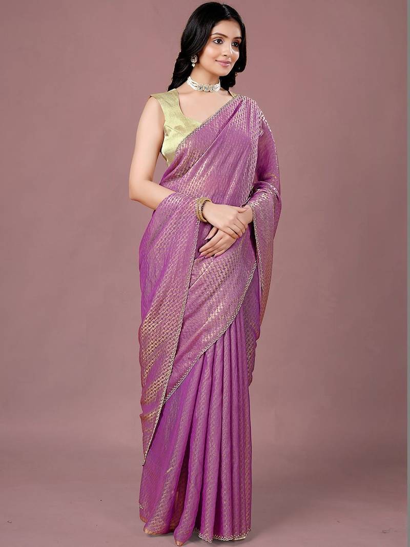 Purple women ethnic motifs woven design saree