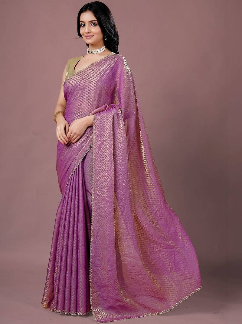 Purple women ethnic motifs woven design saree